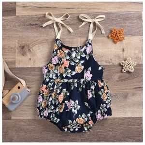Boho Baby Girl Floral Romper Navy Blue Sunsuit with Tie Straps Summer Bodysuit